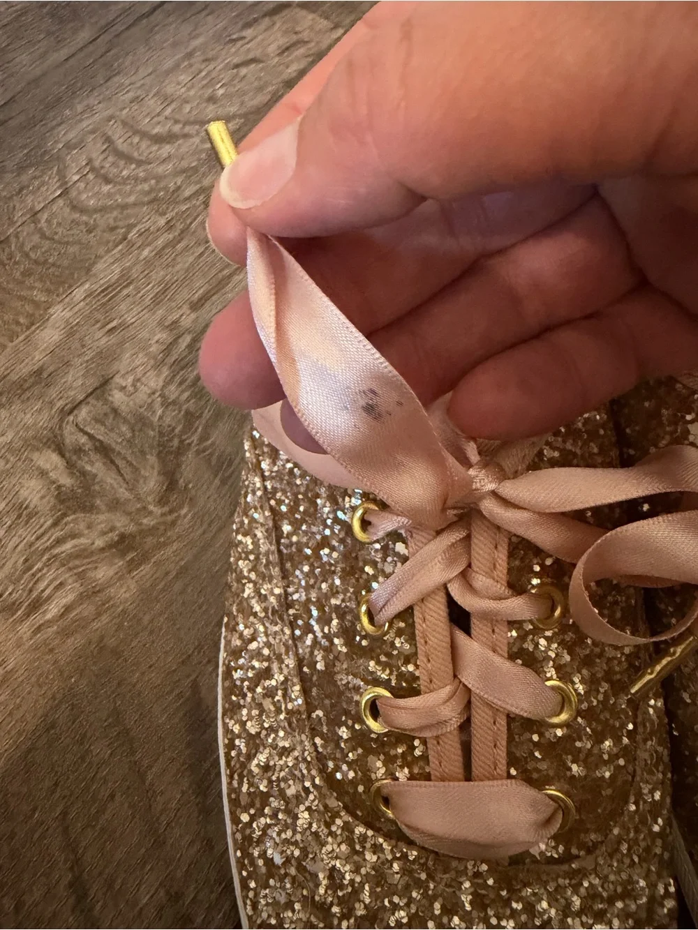 Keds x Kate Spade Gold Glitter Sneakers with Pink Ribbon Laces